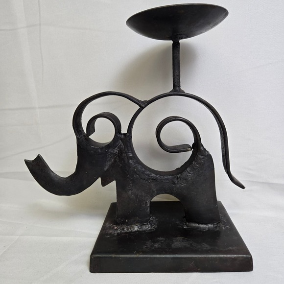 Decorative Metal Elephant Candle Holder, Stylized Scrollwork, 8"x4"x 5" - Picture 1 of 10